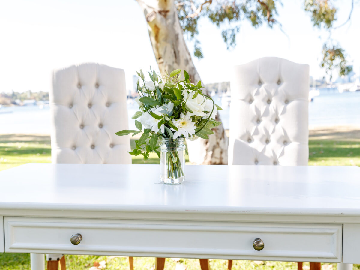 Classic White Signing Table and High Linen Louis Feature Chairs