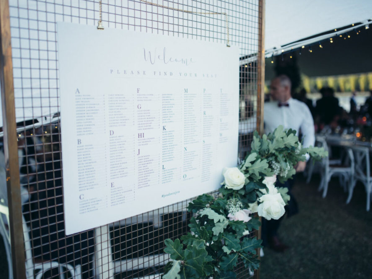 Seating Plan hung from Gold Wire Mesh Backdrop