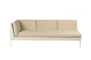 Photograph of White Rattan 3 Seater Lounge with right arm - Latte Cushions