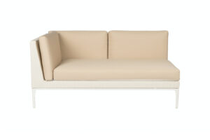 Photograph of White Rattan 2 Seater Lounge with right arm - Latte Cushions
